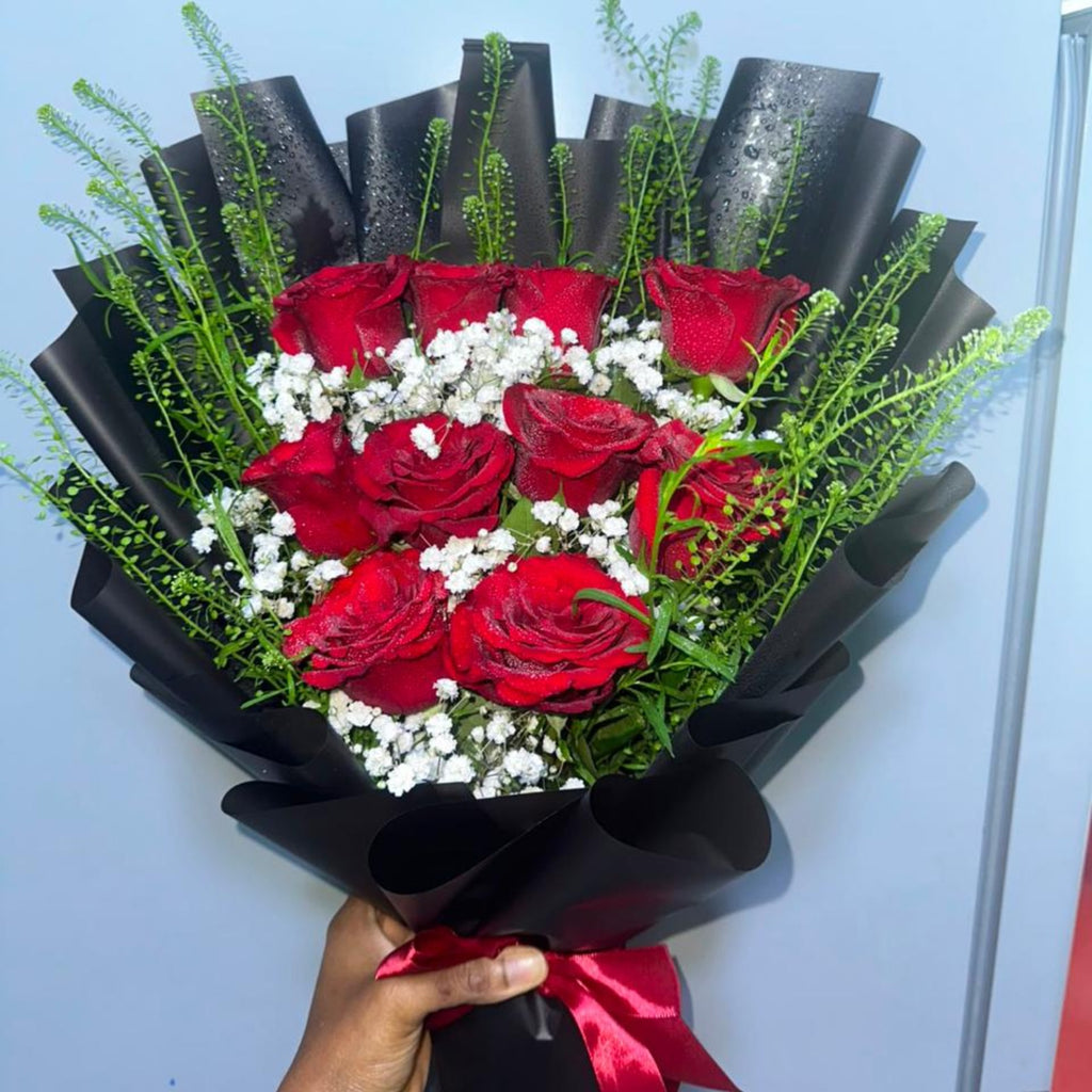 Enchanting 10 Red Roses & Green Bells Bouquet